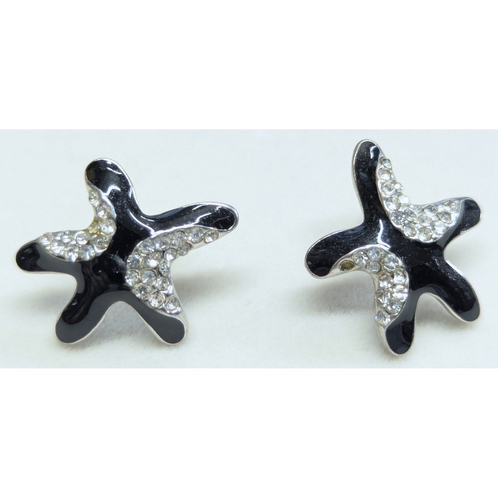 Vtg Black Enamel Rhinestone Stars Starfish Post Earrings Coastal Nautical .75 in